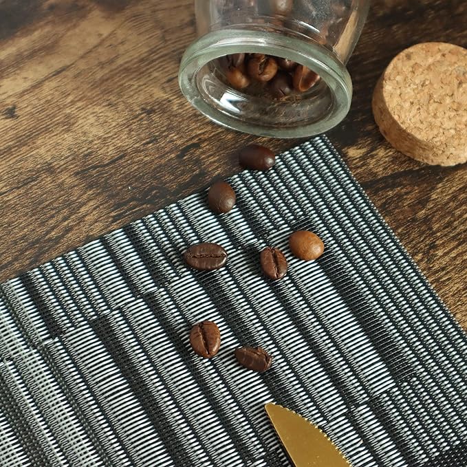 HeloHo Black Grey Stripe Placemats Set of 8, Heat-Resistant Washable Placemats Non-Slip Vinyl Woven Table Mats Wipeable Placemat for Kitchen Dining Table Decoration Indoor Outdoor