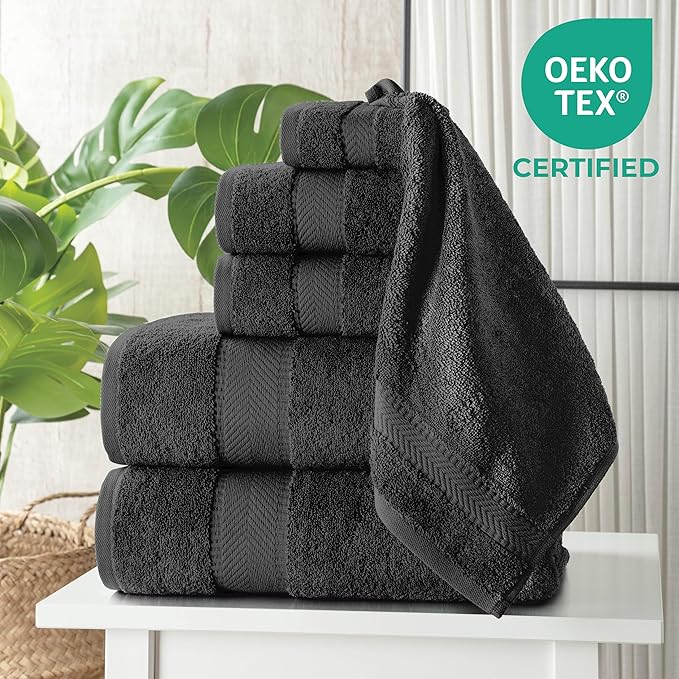 TEXTILOM 6 Pcs Bath Towel Set – Hotel and Spa Quality & Soft & Absorbent & Quick Dry Bath Towels for Bathroom –100% Turkish Cotton Bathroom Towels Set (2 Bath Towels,2 Hand Towels,2 Washcloths)-Black