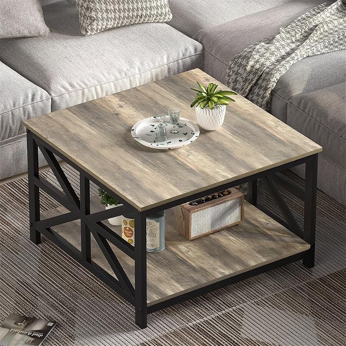 GreenForest Coffee Table with Storage for Living Room, Small Square Center Tables with Seamless One-Piece Tabletop Farmhouse Style, Grey Wash