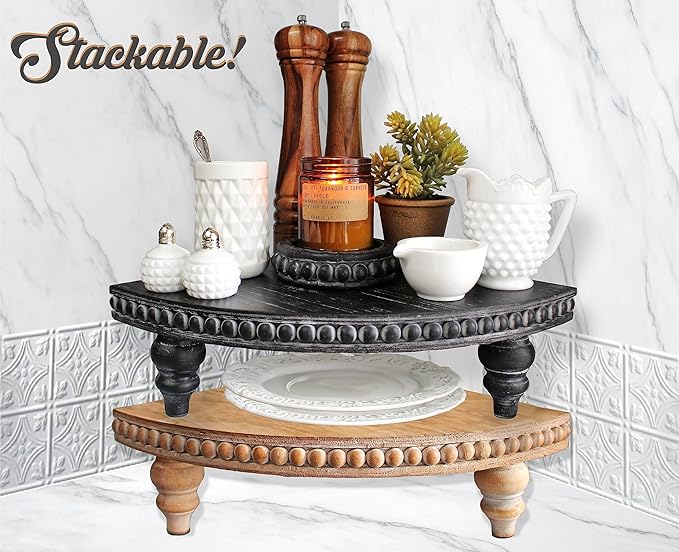 Corner Pedestal Stand Rustic Decor Riser for Display - Farmhouse Wood Rounded Beaded Tray for Kitchen and Bathroom Countertop Organizer, Coffee Bar, Plant Stand with Removable Feet (Rustic Black)