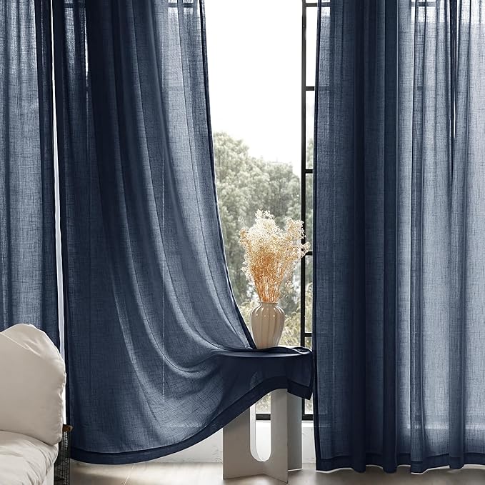 Navy Blue Curtains 108 inch Length for Bedroom Back Tab Light Filtering Semi Sheer Blue Living Room Curtains Linen Cotton Textured Indigo Blue Drapery Panel Modern Farmhouse Aesthetic Decor Dark Blue