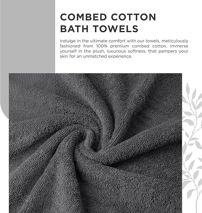600 GSM 100% Cotton Bath Towels, Grey, Set of 2, Highly Absorbent, Plush, Soft, Quick Dry, 2 Pieces Combed Cotton Luxury Towels for Hotels, Spa, Salon, Bathroom, Dorm, Pack of 2