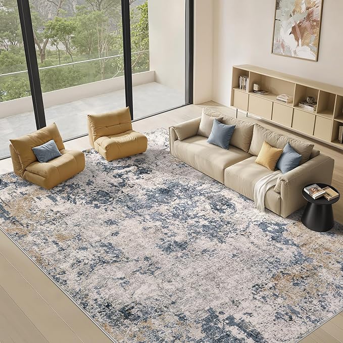 Area Rugs for Living Room: 10x14 Abstract Washable Rug Large Soft Stain Resistant Non-Slip Backing for Bedroom Dining Room Indoor Home Office Carpet for Kids Pet Friendly Families - Blue Brown