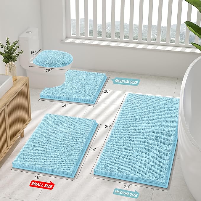 Smiry Luxury Chenille Bathroom Rugs 40x32, Extra Soft and Absorbent Shaggy Bath Mat, Machine Washable, Non-Slip Plush Carpet Runner for Tub, Shower, and Floor, Home Decor Accessories, Sky Blue