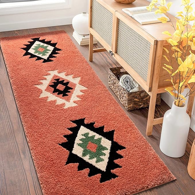 DEXDE Boho Bathroom Rugs Runner 20x72 Long Bath Mat Runner for Bathroom Bedroom Hallway Kitchen Shower Luxury Soft Absorbent Large Bohemian Carpet Runner Farmhouse Western Decor, Coral Red