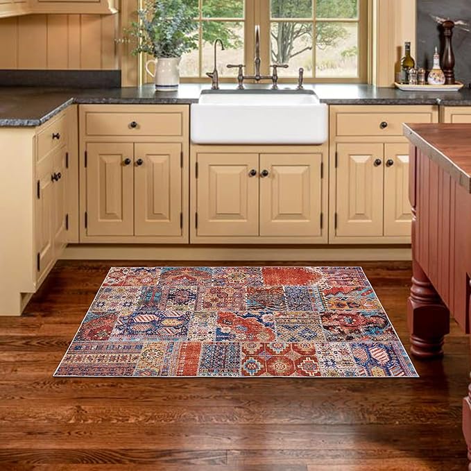 4x6 Rug for Kitchen,Washable Non Slip Patriotic Decor Small Boho Area Rug for Bathroom Bedroom Living Room Indoor Entrway Ultra Thin Fit Under Door,Terracotta Rust Burnt Orange Red and Navy Blue