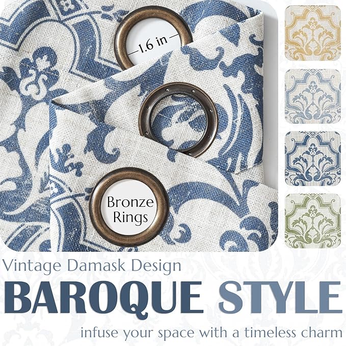 jinchan Curtains for Bedroom, Light Filtering 84 Inch Length 2 Panels Set, Baroque Style Linen Blend Drapes Living Room, Vintage Damask Window Treatments, Grommet Top Slate Blue on Flax, W52 X L84