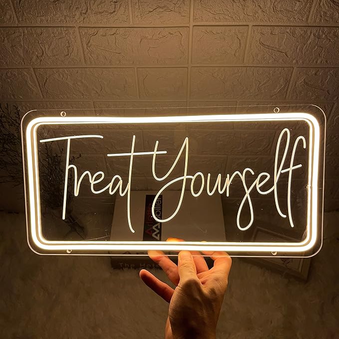 Treat Yourself Neon Sign for Wall Decor, Led Light Neon Signs with Dimmer for Bar Club Windows Cafe Bedroom Room Indoor Aesthetic Decoration Wedding Birthday Party Gifts , USB Powered Warm White Sign 15.8 x 7.9 Inch