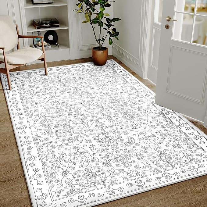 Floral Area Rug 4x6 Washable Entryway Grey Carpet Non Slip Boho Thin Farmhouse Throw Accent Rug for Living Room Bedroom Office Kitchen Bathroom
