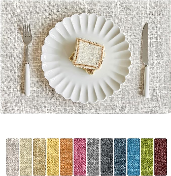 Softalker Faux Linen Placemats Set of 4-12 x 18 Inch, Heat Resistant Double Layered Durable Burlap Farmhouse Place Mats, Non-Slip Washable Rustic Table Mats for Dining, Kitchen, Party๏ผCream