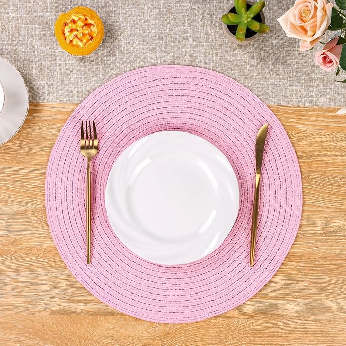 SHACOS Round Braided Placemats Set of 6 Round Table Mats for Dining Tables 15 inch Washable Non Slip Placemats (Pink, 6)