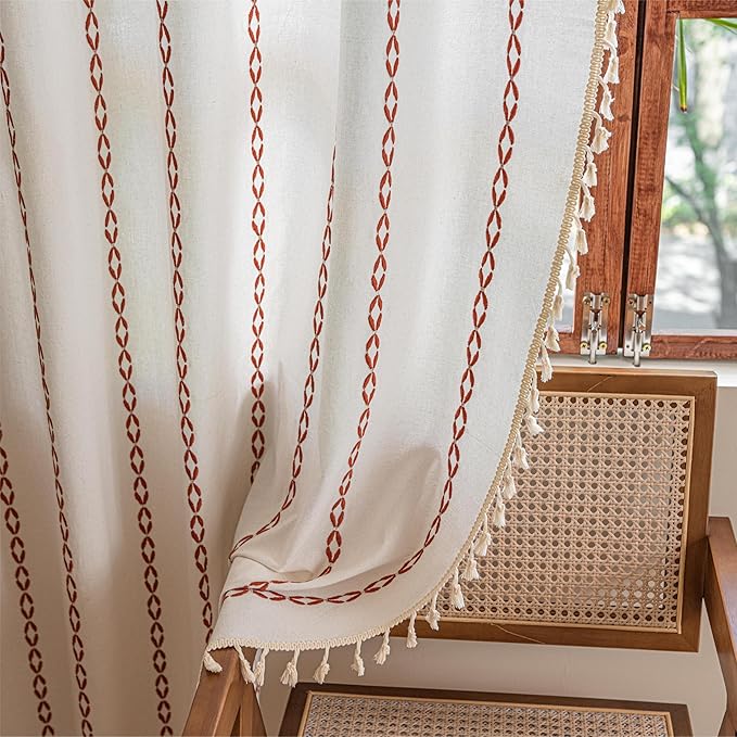 Sutuo Home Boho Curtains 96 Inch Long for Bedroom Dining Living Room, Light Filtering Cotton Embroideried Bohemian Striped Farmhouse Fall Halloween Decor, 1 Panel W52 x L96,White and Terracotta