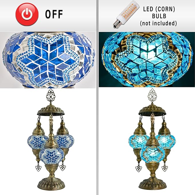 mozaist Moroccan Handmade Mosaic Table Lamp, Turkish Vintage Boho Style Desk Light, 3 Globe Bedside Country Décor for Home Lighting, Rural Authentic Unique Gift with US Plug & E12 Socket (Sea Blue)