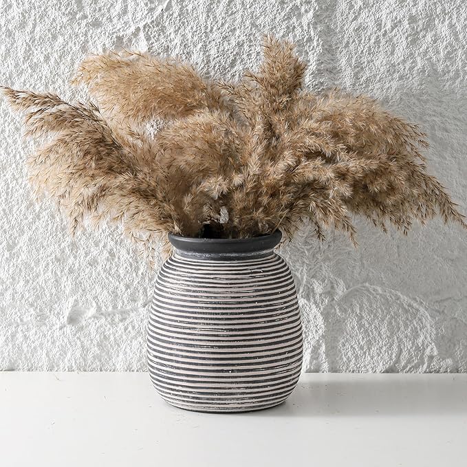 Ceramic Rustic Vase,7.48" Flowers Pottery Vases Home Decor Round Wide-Mouth Farmhouse Decorative Vase for Flowers Pampas for Table Living Room Entryway Mantel Shelf Kitchen Bathroom Bedroom