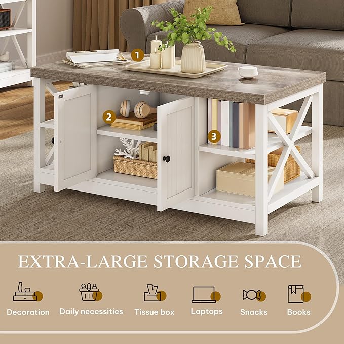 YITAHOME Coffee Table with Storage, Farmhouse Coffee Tables for Living Room, Rectangle Coffee Table 2 Tiers Shelf, CenterTable Space Saving Living Room Small Tables, Easy Assembly, Brown and White