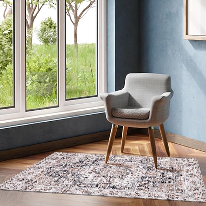 Washable Soft Small Boho Area Rugs, Rags Rug, Printed Carpet Chennile Rugs for Living Room 27x45 inch Dk Grey Rust Multi,Machine Washable Printed Rugs - 30% Cotton, 70% Polyester