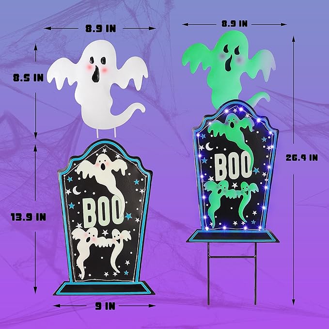 Joliyoou Halloween Yard Stake, 26.4" Solar Lighted Metal Tombstone with Glow in The Dark Ghosts, 18 LED Purple Lights Spooky Yard Sign for Outdoor Front Door Yard Lawn Garden Decors