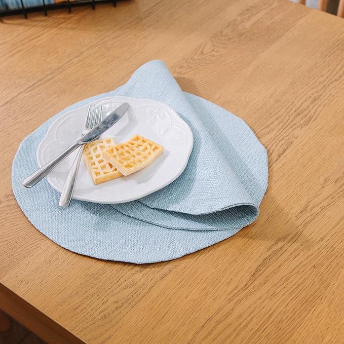 Set of 4 Round Placemat 15 Inch Soft Linen eco-Friendly Fabric Handcrafted Machine Washable Indoor & Outdoor Tablemat Light Blue