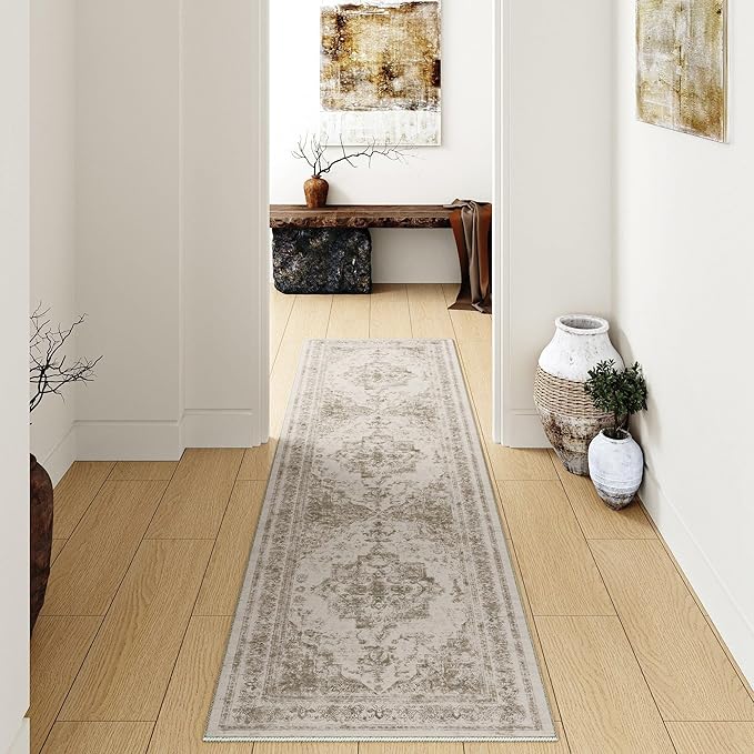 Runner Rug 2x7 Washable Taupe Hallway Runner Vintage Boho Medallion Non Slip Distressed Retro Carpet Indoor Low Pile Long Soft Rug for Kitchen Entryway Bedroom Bathroom Laundry