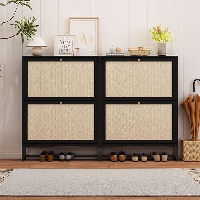 AVZEAR Narrow Shoe Cabinet with 2 Flip Drawer, Freestanding Shoe Organizer Shoe Cabinet Storage for Entryway, Slim Shoe Storage Shoe Rack for Closet with Linen Doors in Hallway, Living Room(Black)