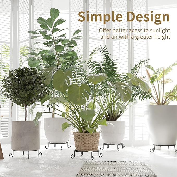 4 Pack 10” Diameter Metal Outdoor Plant Stand Indoor, Black Heavy Duty Potted Holder, Round Anti-Rust Wrought Iron Flower Planter Pot Display Stands for Home Garden