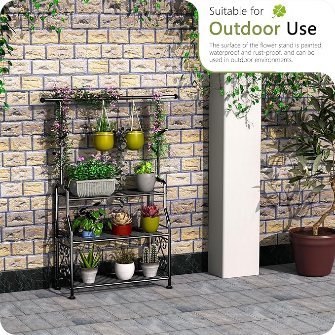 GIOTORENT Outdoor Plant Stand 3-Tier Heavy Duty Metal Shelf for Patio & Indoor Use - Holds 14+ Plants with 5 Hooks, Rust-Proof Plant Holder for Garden, Balcony, Living Room, Black