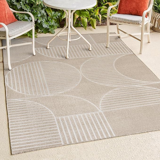 JONATHAN Y SCN104E-8 Nordby High-Low Geometric Arch Scandi Striped Beige/Cream 8 ft. x 10 ft. Indoor/Outdoor Area Rug for Patio, Backyard, Living Room, Bedroom, Office, Hose-Washable