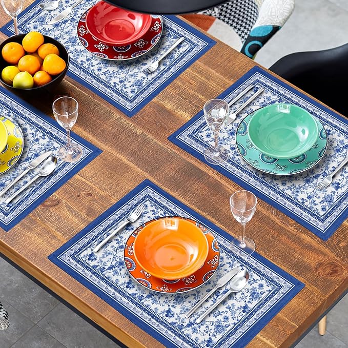 Blue Floral Branches Placemats Set of 4 ,12 x 18 Inch Chinoiserie Table Mats Washable Heat Resistant Linen Fabric Rectangle Place Mat for Indoor Outdoor Kitchen Dining Home Decor