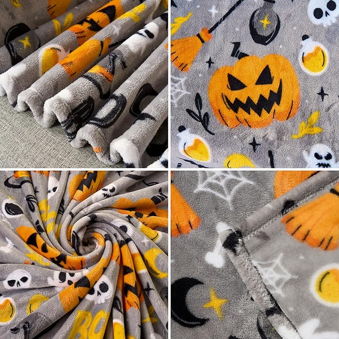 Joiedomi Halloween Throw Blanket - Soft Plush Witch's Hat Bat Ghost Pumpkin Blanket - Cozy Flannel Grey Halloween Decoration for Party Sofa Bed Living Room 50"x60"