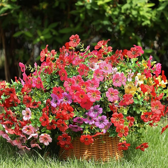 Artificial Flowers Outdoor, Faux Silk Flowers Plastic Plants for Outdoors Indoor Outside Front Porch Hanging Planter Window Box Garden Home Decoration, 14 Bundles (Mix)