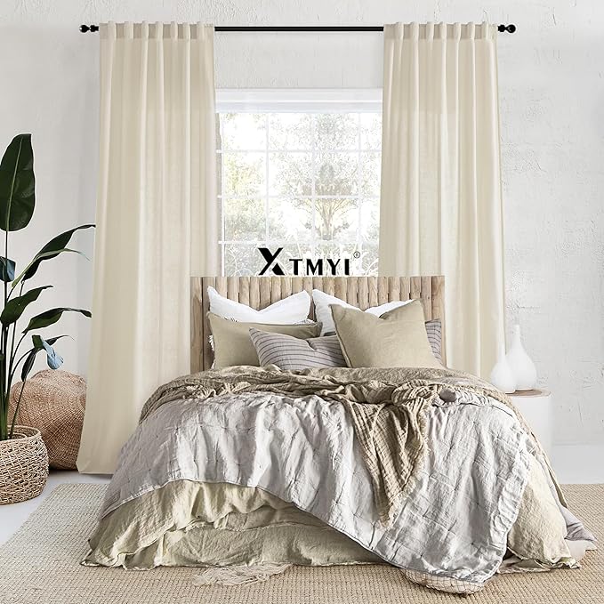 XTMYI Beige 100 Inches Long Country Curtains for Living Room,Sheer Linen Shabby Chic Curtains for Bedroom,50 Inches Wide