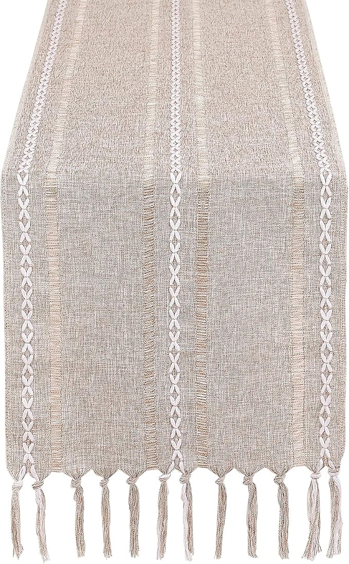 Chassic Fall Rustic Farmhouse Style Linen Table Runner, Boho Handmade Tassel Table Runners 108 Inches Long for Holiday Party, Thanksgiving and Dining Decorations, 13 x 108 inch - Light Coffee