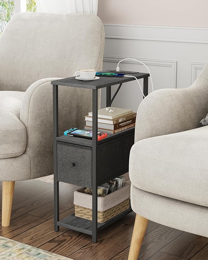 TUTOTAK Small Narrow End Table with Charging Station, Set of 2, Side Table with Outlets, Nightstand with Cloth Drawer, Couch Table, for Living Room, Bedroom, Bedside, Charcoal Grey TB01BY058