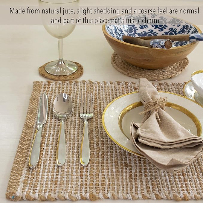 Chardin home | Natural Jute Placemats Set of 4 | 13x19 Inch. Rustic Farmhouse Place mats | Table mats Colors - Natural Jute and Ivory