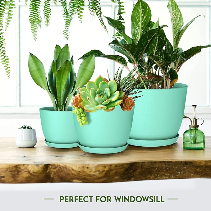 Utopia Home - Plant Pots Indoor with Drainage - 7/6.6/6/5.3/4.8 Inches Flower Pots for Indoor Planter - 5 Pack Plastic Planters - Ideal for Stocking Stuffers or Home Christmas Decorations - Aqua