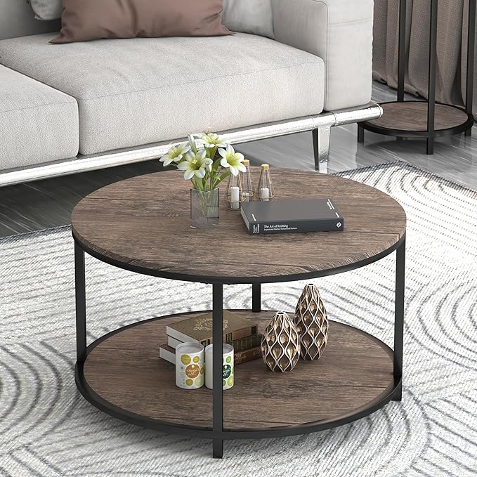 NSdirect Round Coffee Table, 27.6" Small Wood Coffee Table for Living Room, Rustic Modern Farmhouse Style, 2-Tier Storage Shelf Compact Space-Saving Design for Small Spaces, Walnut