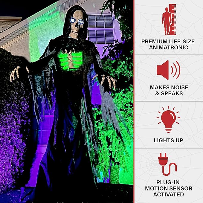 Haunted Hill Farm Motion-Activated 10-Ft. Tall Towering Reaper, Plug-in Talking Scare Prop Animatronic with Spooky Sound Effects and Lights for Indoor or Covered Outdoor Creepy Halloween Decoration