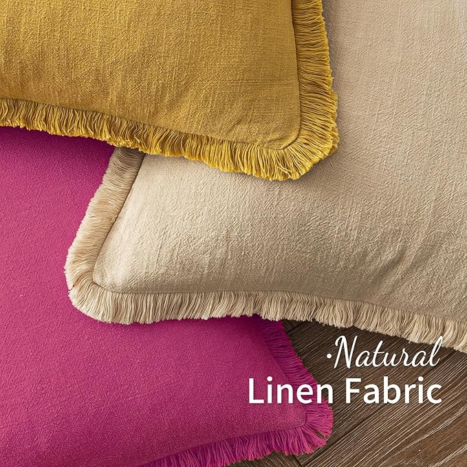 MIULEE Decorative Lumbar Throw Pillow Covers Neutral Linen Fringe Throw Pillows Set of 2 Hot Pink Boho Farmhouse Cushion Covers for Couch Sofa Bed Living Room Spring Home Decor 12x20 Inch