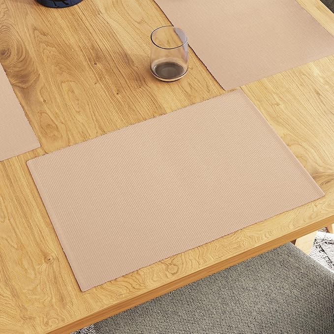 Encasa XO Dining Placemat Set of 6 | Solid Beige Color | Fine Ribbed Cotton Table mat | Size 19x13 in | Machine Washable
