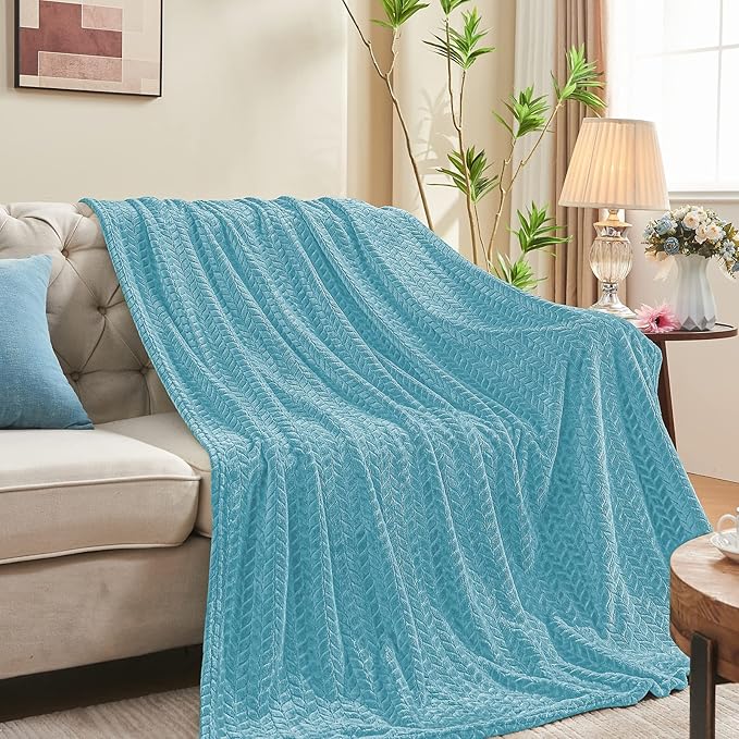 inhand Blue Fleece Queen Blanket for Bed, Super Soft Flannel Cozy Blankets for Adults, Lightweight Leaves Pattern Fuzzy Blanket for Office,Travel, Warm Plush Blankets for All Season, 90x90 Inches