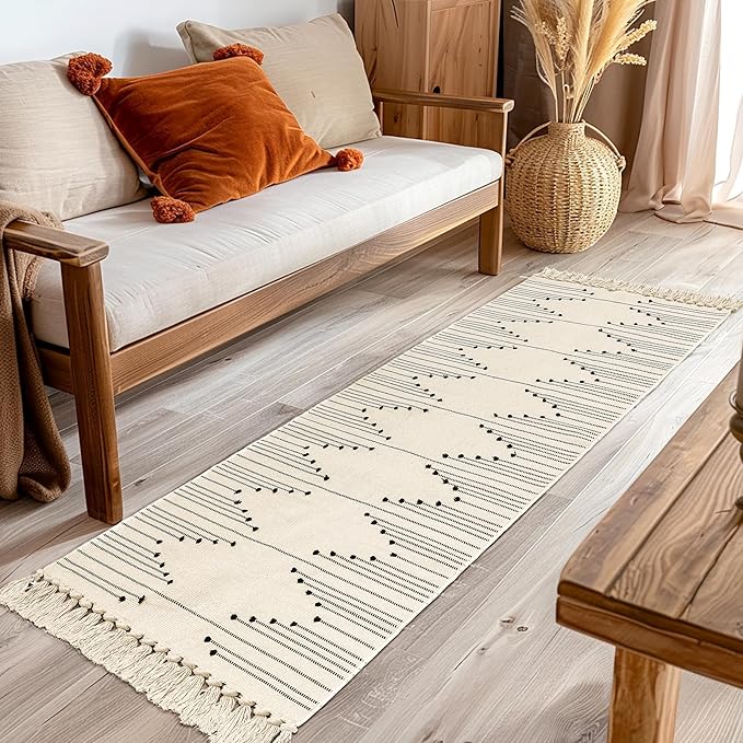 Tritard Boho Hallway Runner Rug 2x8 - Washable Area Rug Farmhouse Aztec Cotton Long Lightweight Rugs with Tassels Kitchen Bathroom Woven Low Pile Thin Carpet for Entryway, Bedroom, Beige Cream