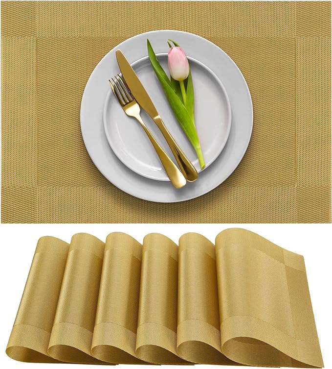 More Décor Dining Table Placemats, Washable Heat-Resistant PVC Vinyl Table Mats for Dining Room and Kitchen, Anti-Slip - Set of 4 -Gold