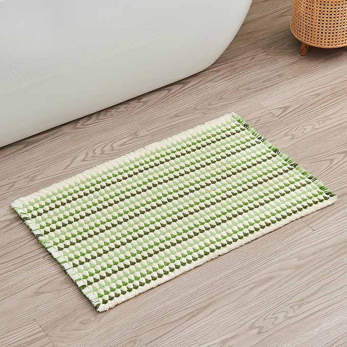 Douceur Boho Bath mat for Bathroom Floor Non Slip, Acrylic Blend Cute Bath Mats with Tassels, Quick Dry Bath mats Machine Washable, 16" x 24", Green