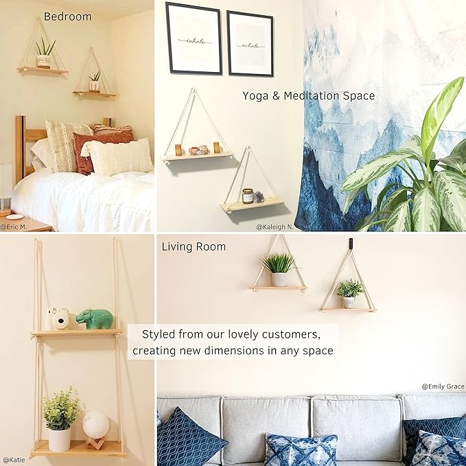 BASE ROOTS Hanging Shelves for Wall, Plants Hanging Shelf, Macrame Wall Hanging, Floating Shelves Boho Rope, Lightweight Rustic Wood, Triangle Floating Shelves Easy Hanging Shelves no Drill Set of 2