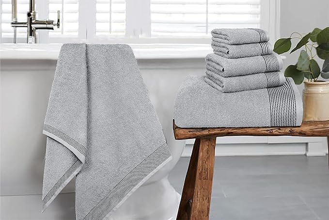 Belizzi Home 100% Cotton Ultra Soft 6 Pack Towel Set, Contains 2 Bath Towels 28x55 inchs, 2 Hand Towels 16x24 inchs & 2 Washcloths 12x12 inchs, Compact Lightweight & Highly Absorbant - Light Grey