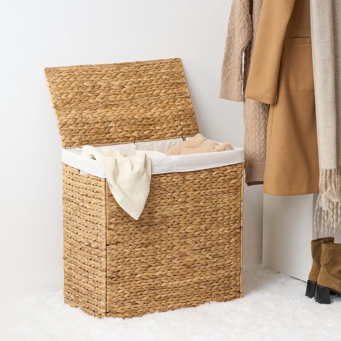 Woven Laundry Basket with Lid - Large Wicker Hamper with Lid for Clothes Storage - Round Rattan Laundry Hamper - Water Hyacinth Storage Basket with Lid (Natural Brown, 24x12.8x24 in)