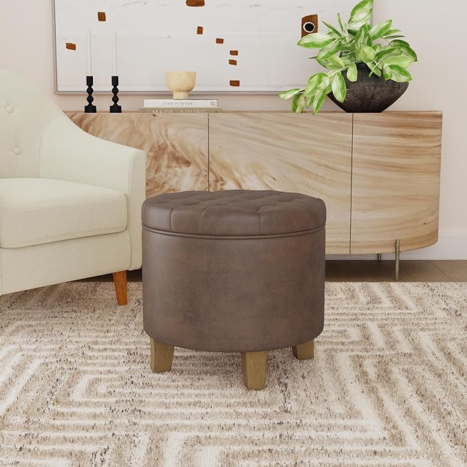 HomePop Home Decor | Upholstered Round Faux Leather Tufted Foot Rest Ottoman | Ottoman with Storage for Living Room & Bedroom | Decorative Home Furniture, Brown Faux Leather