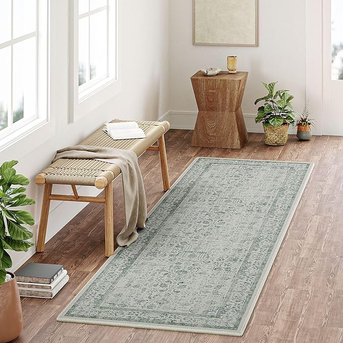 Dark Green Runner Rug 2x6 Hallway Machine Washable Kitchen Vintage Distressed Non Slip Long Carpet Indoor Retro Floral Bedroom Accent Throw Rug for Bathroom Office Laundry Dining Room