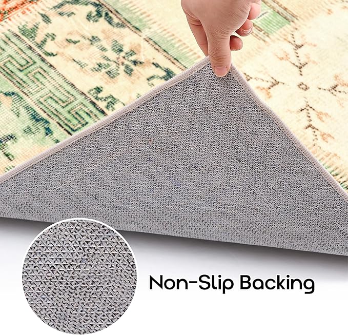 5x8 Area Rug for Living Room,Floral Botanical Plaid Geometric Neutral Washable Non Slip Vintage Rustic Farmhouse Boho Rugs for Bedroom Dining Room,Light Tan Beige Brown and Green Rust Burnt Orange