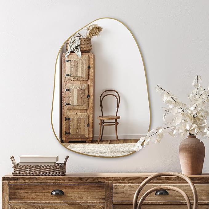 PERFNIQUE Irregular Wall Mirror Asymmetrical Mirror, 27''x19'' Gold Mirror for Bathroom Bedroom Living Room Entryway, Decorative Modern Wall Decor, Wall Mounted Mirror (Gold, 27''x19'')